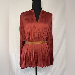 Vince Pleated V-Neck Blouson-Sleeve Blouse